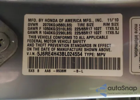 2011 Honda Cr-V Se z USA, uszkodzony, nr VIN 5J6RE4H43BL024554